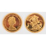 An Elizabeth II proof full sovereign, 1980, boxed.