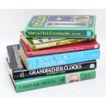 Six antiques reference books including carriage clocks, grandfather clocks, barometers,