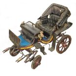 A Victorian child's pull-along carriage with pull-forward canopy, two seats, wooden painted wheels,