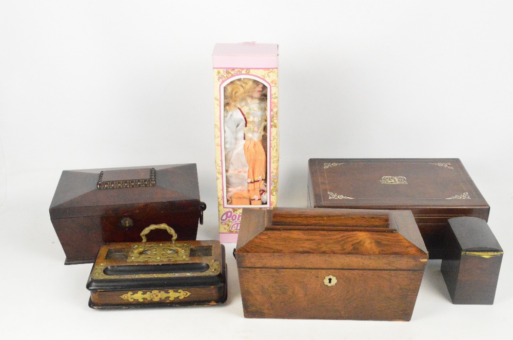 An early Victorian rosewood sarcophagus tea caddy, 32 x 17cm, a similar mahogany example,