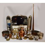 A group of metalware to include a copper kettle, two oval pans,