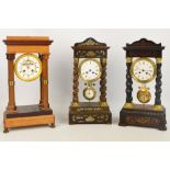 Three portico clocks each with white enamel dial set with Roman numerals,