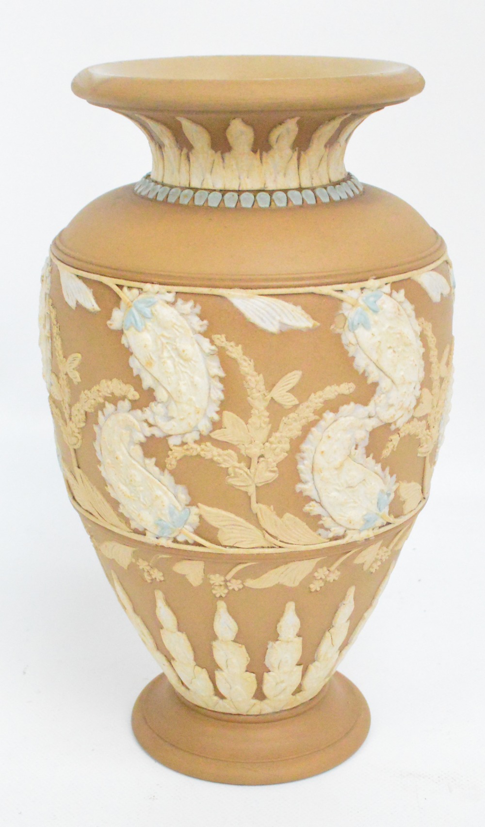 A Doulton Lambeth Silicon brown glazed relief moulded baluster vase decorated with paisley style - Image 2 of 5