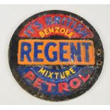 A cast metal circular Regent Benzole Mixture petrol wall mounted brand plate, width 30cm.