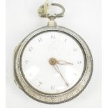 A George III hallmarked silver pair cased open face key wind pocket watch,