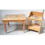 A pine side/kitchen table on turned legs, length 96cm and a 20th century pine washstand,