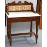 A late Victorian marble top wash stand with tile splashback, width 77cm.