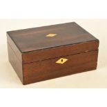 A 19th century walnut sewing box with mother of pearl detailed edge of the hinged lid centred with