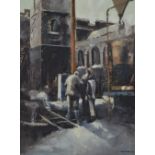 DAVID STEFAN PRZEPIORA (born 1944); oil on board, industrial scene with three figures in foreground,