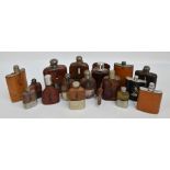 A collection of various electroplated mounted and leather covered hip flasks to include four James