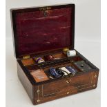 A vintage rosewood workbox with mother of pearl and metal inlay,