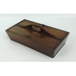 A 19th century mahogany cutlery box with two hinged lids enclosing lined sections with carrying