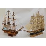 Two models of three masted ships, length 85cm and 80cm (2).