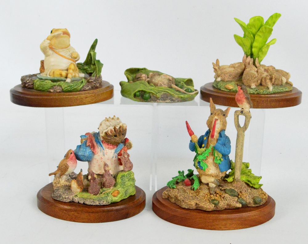 Five resin Beswick Beatrix Potter figures; "Peter Rabbit", "Mrs Tiggywinkle", "Mr Jeremy Fisher",