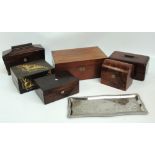 A collection of various wooden boxes including an early 19th century mahogany sarcophagus shaped