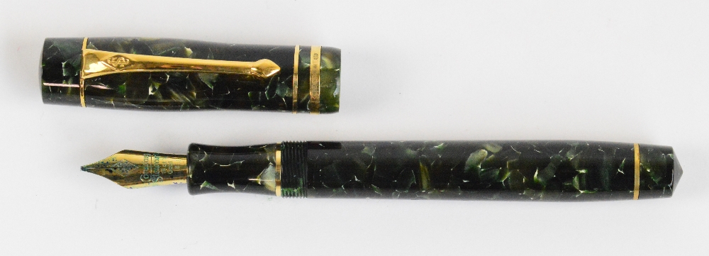 A Conway Stewart "Wellington" fountain pen with mottled green body and 18ct hallmarked yellow gold - Image 2 of 2