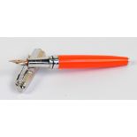 A Caran d'Ache fountain pen with orange body, plated cap, and 18ct white gold nib, length 13.8cm.