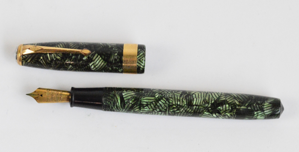 A Conway Stewart Executive 60 fountain pen with hatched green marble body and 14ct gold duro nib, - Image 2 of 3