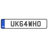 UK64 WHO. Private number plate sold on retention.