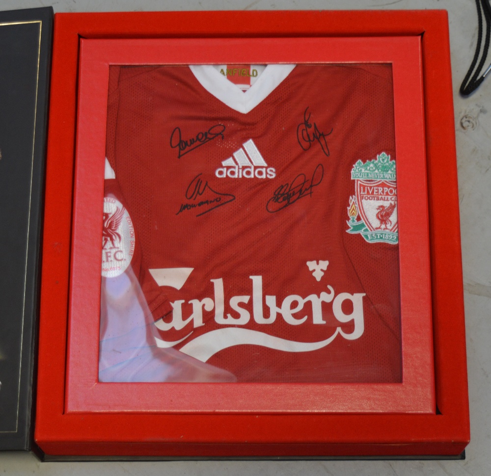 A limited edition signed Liverpool FC home shirt for the 2008-2009 season, signed by Steven Gerrard,