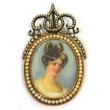 A mid 18th century French silver oval pendant centred with the portrait miniature of a young woman