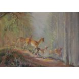 VERNON BEAUVOIR WARD (1905-1985); oil on canvas 'Family Outing', landscape with a family of deer,