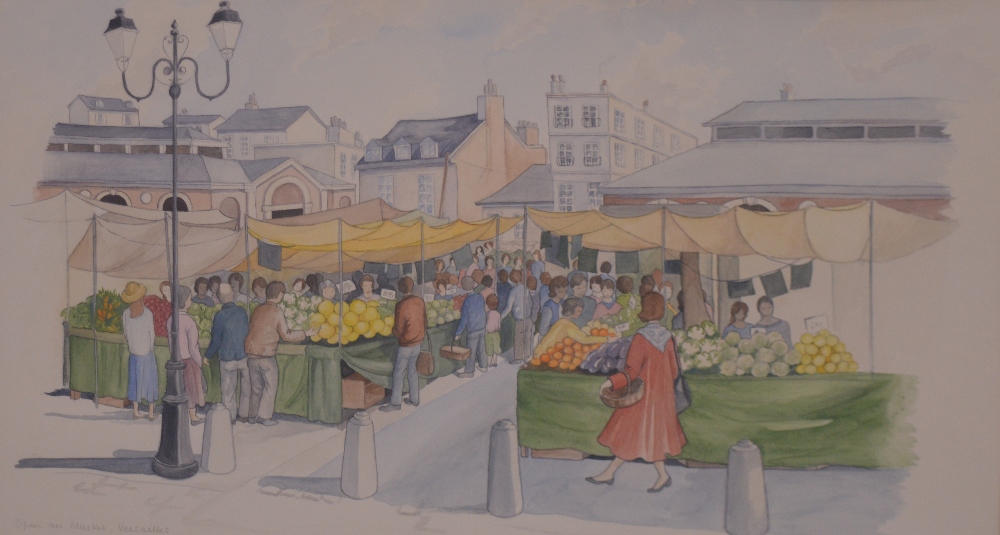 WENDY BROWN (contemporary); watercolour 'Open Air Market, Versailles', signed and inscribed,