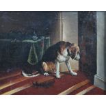 UNATTRIBUTED; an oil on canvas depicting a dog waiting for his master, unsigned, 19 x 24cm, framed.