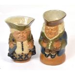 Two Doulton Lambeth salt glazed stoneware character jugs, 'Sat on a Barrel' by Harry Simeon c.