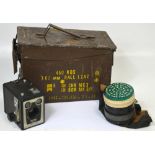 An ammunition box, a cased WWII period gas mask and a boxed Kodak brownie Model E camera (3).