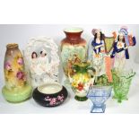 A quantity of decorative ceramics and glassware to include Victorian Staffordshire flatbacks,