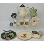 A quantity of largely 18th and 19th century ceramics to include a willow pattern sauce boat,