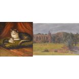 UNATTRIBUTED; a reproduction decorative oil on canvas depicting a queen cat and her kitten,