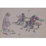 After Albin Trowski (1919-); a signed print depicting people on a bench feeding pigeons,