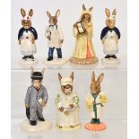 Seven Royal Douton 'Bunnykins' figures two DB74 'Nurse Bunnykins', DB181 'Doctor Bunnykins',