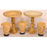 A pair of Oriental resin occasional tables with relief moulded decoration of Oriental scenes (one