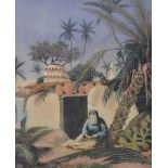 J D HUGHES; a 19th century watercolour depicting a seated veiled male within an Egyptian landscape,