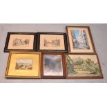 A collection of watercolours and prints to include a Florentine stepped street scene signed G Lasso,