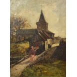 UNATTRIBUTED; a Victorian oil on canvas depicting a lady walking through a churchyard,