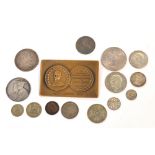 George III and later silver coins and a boxed commemorative 'His Masters Voice' alloy medal,