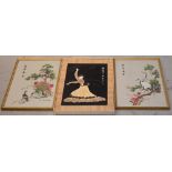 A vintage boxed set of four painted and inlaid wood panels 'Painting in Wood Wool' and a pair of