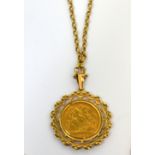 A Victorian half sovereign, 1900, within yellow metal mount, suspended on long 9ct gold chain,