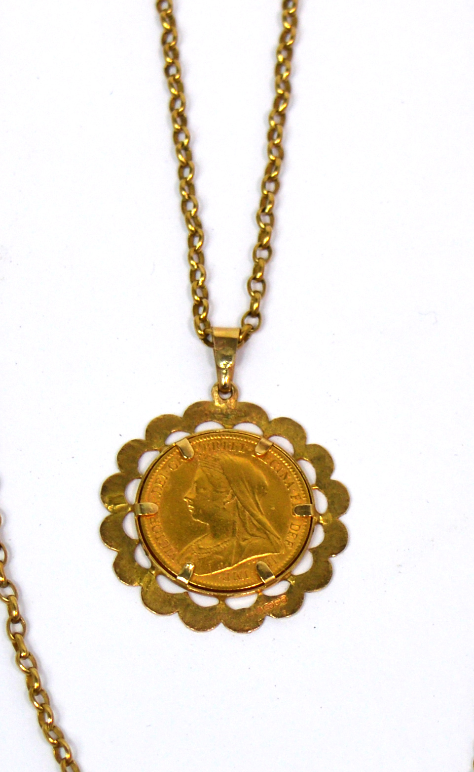 A Victorian half sovereign, 1900, within yellow metal mount, suspended on long 9ct gold chain, - Image 2 of 2