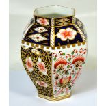 A hexagonal Royal Crown Derby vase bearing printed and various painted marks to base, height 16cm.