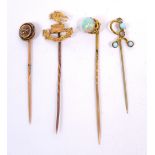 Four yellow metal stick pins to include an example set with an opal and one set with a small