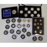 A quantity of commemorative collector's coins, Royal Mint including four coin silver proof set etc.