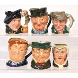 Six Royal Doulton character jugs 'Micawber', D6464 'The Poacher', 'Buz Fuz', 'Fat Boy',