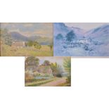 W SMALLWOOD-WINDER; a watercolour of a mountainous landscape with a farm cottage and haystacks,