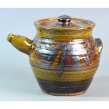 Wenford Bridge Pottery; a stoneware casserole with spout and side handle, ribbed body,