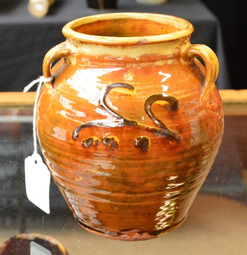 Winchcombe Pottery: an early slipware vase with three lug handles covered in a rich treacle yellow - Image 8 of 8